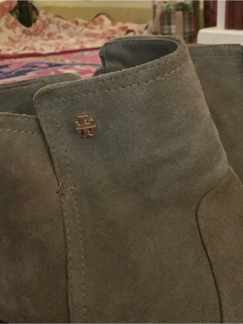 Tory Burch Sage Green Suede Ankle Booties with Gold Logo Accent